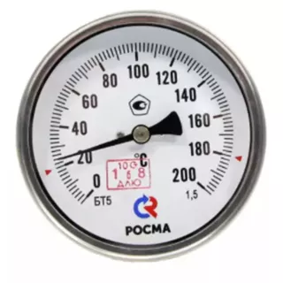 Термометр РОСМА биметалл. 80 мм, БТ-41 корпус - хромированная сталь, шток осевой 100х6мм  - нерж.сталь, 0-200C, c гильзой (латунь) G1/2, кл. 1,5